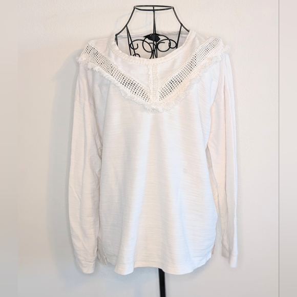 H&M White Cree Neck Crochet Fringe Long Sleeve Sweatshirt Sweater M - Picture 1 of 5